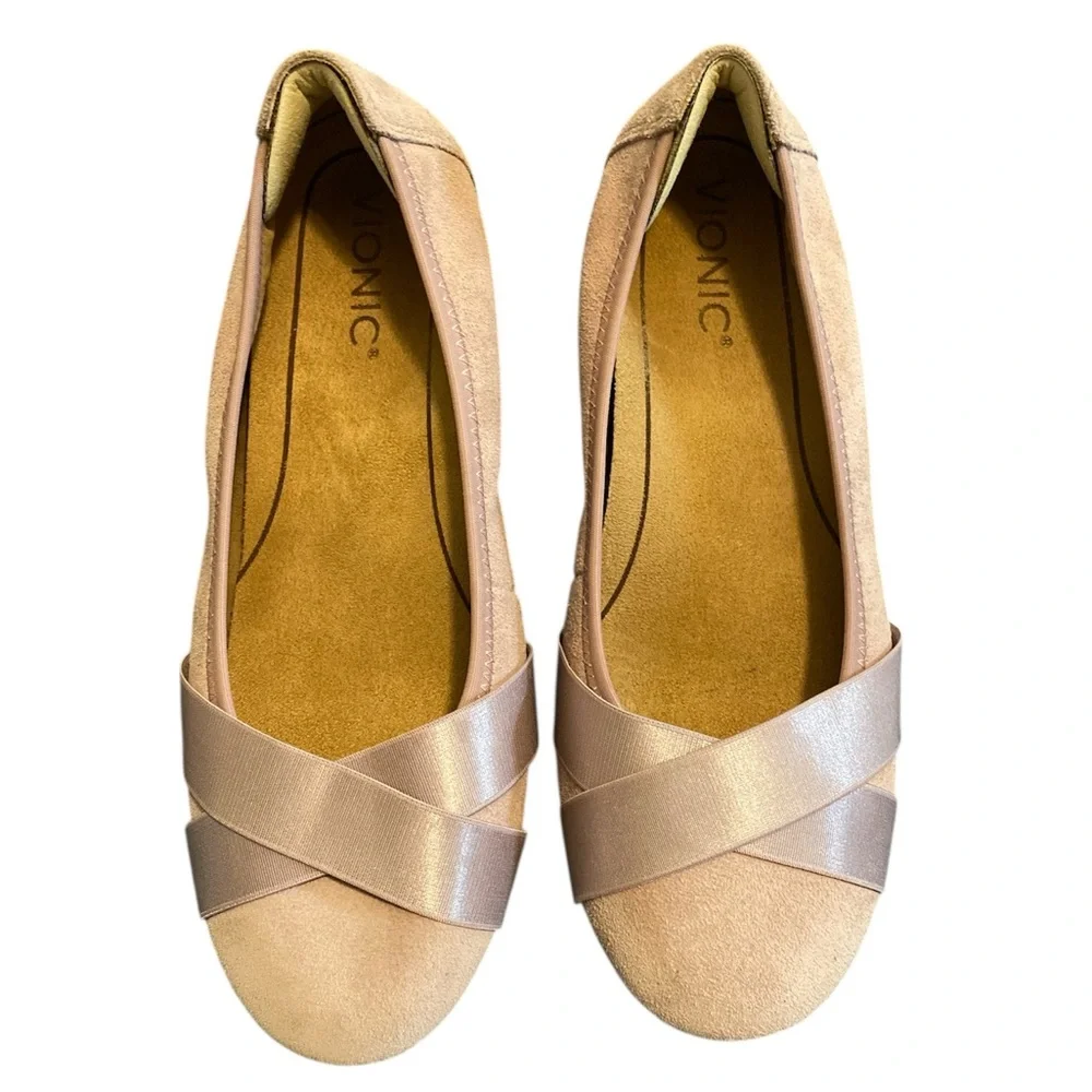 Vionic Women's Light Pink Suede Flats with Crisscross Ribbon design on front. - Picture 2 of 8